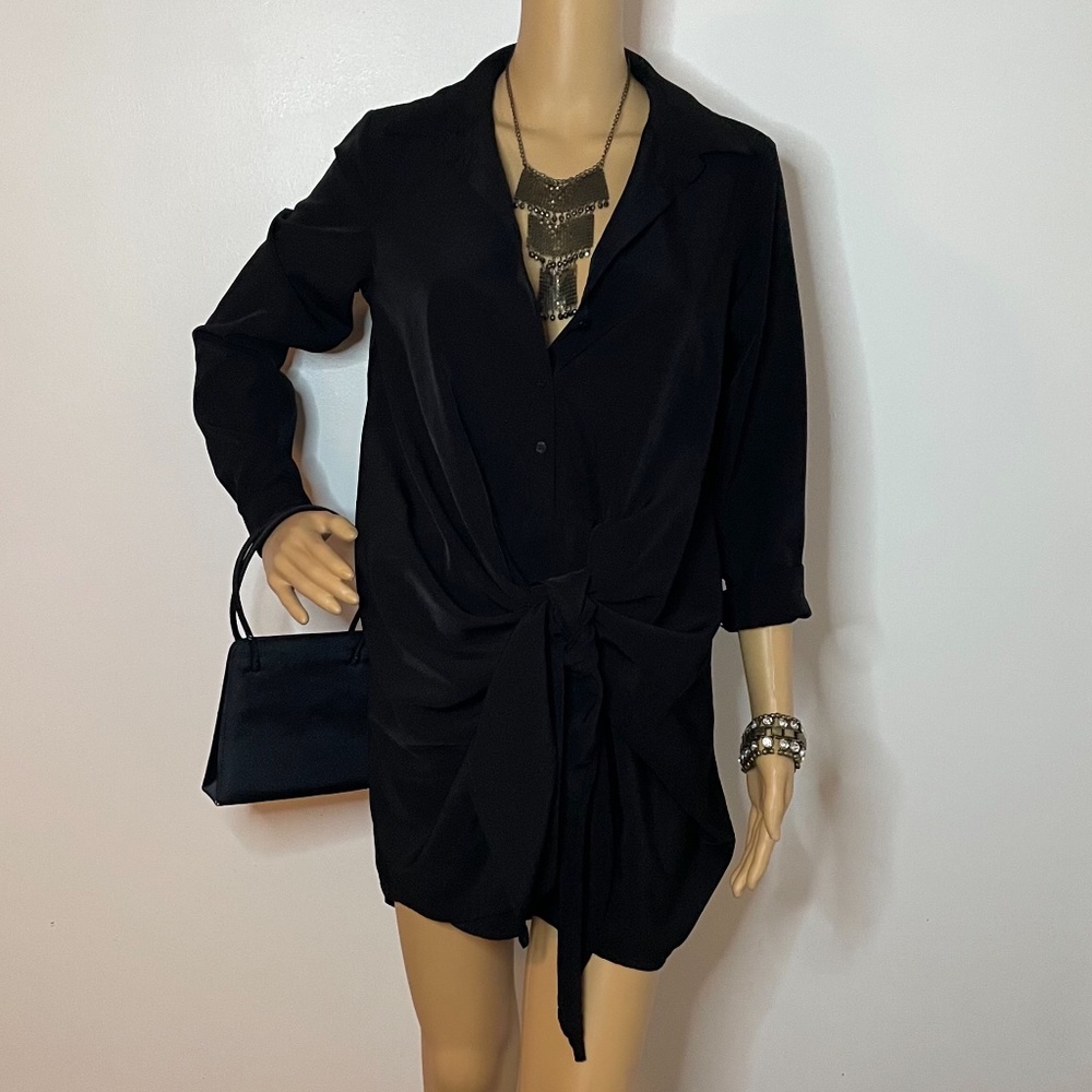 Black sheen lightweight button down long sleeve dress w/ bow tie in the front!